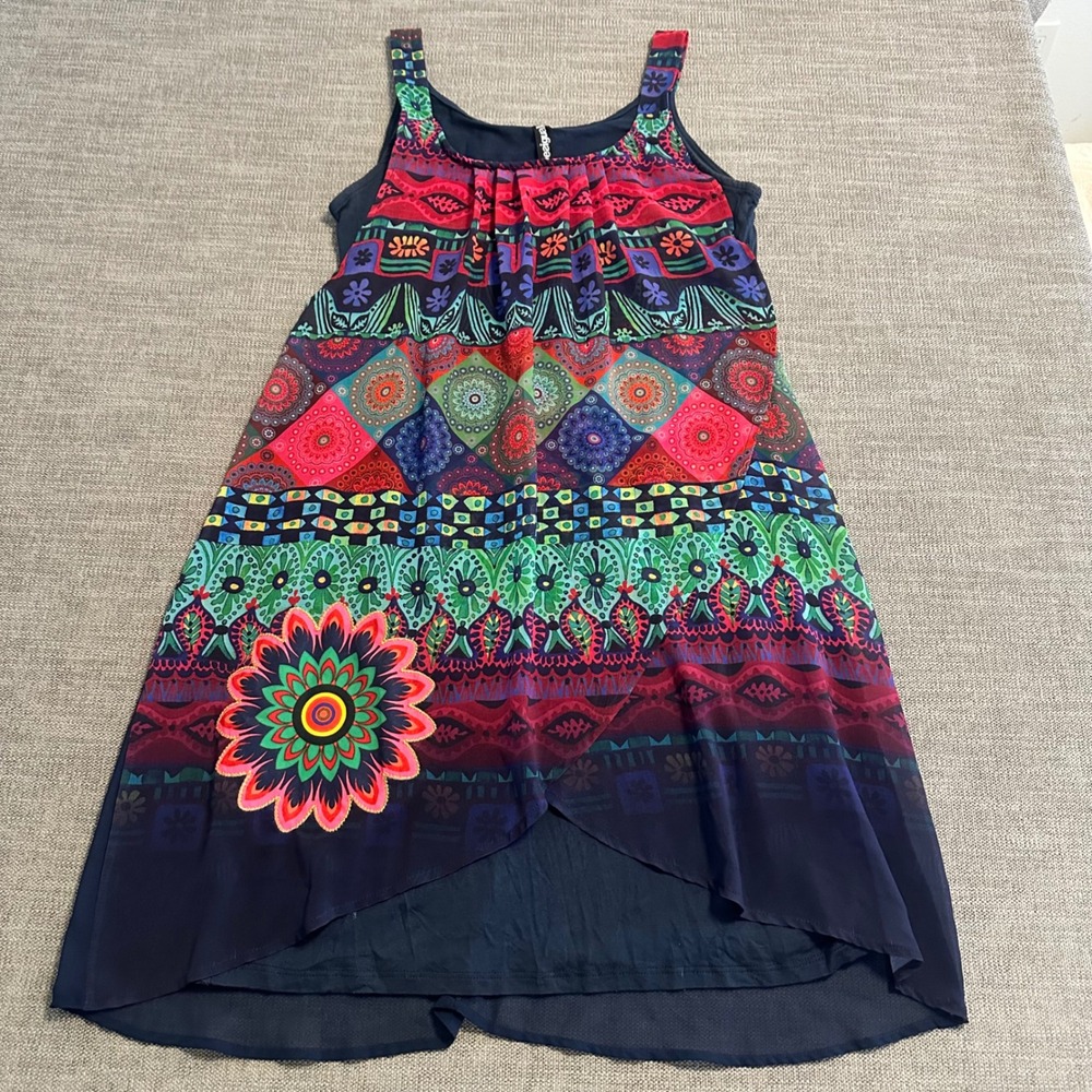 Desigual Sleeveless Dress Womens 40 Navy Multicolor  Boho Mandala High Low